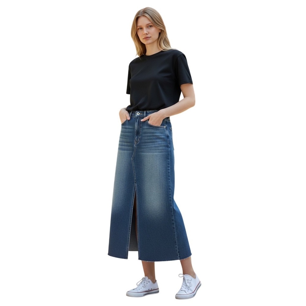 Driftwood Size 30 Waist Light Blue A-Line Frayed‎ Denim Skirt Front Split NWT